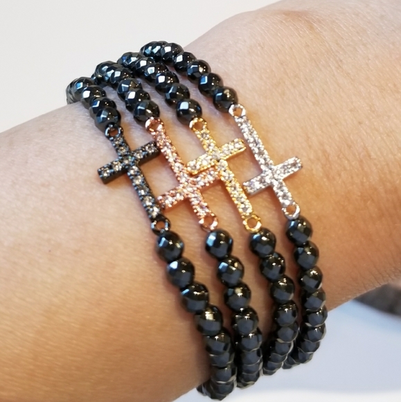 NEW Pave CZ Rose Gold Cross Hematite Bracelet - Picture 5 of 5